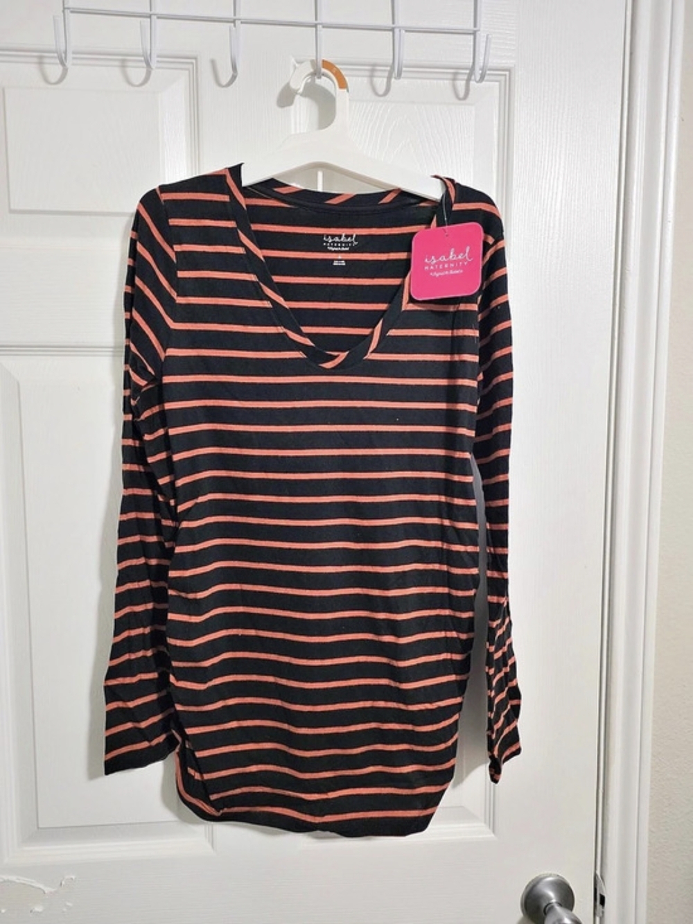 Isabel Maternity Striped Maternity Top in Black & Orange Size Small NWT